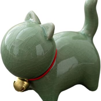 Ceramic Cat Figurine, Miniature Lucky Cat Statue, Mini Cute Cat Sculpture, Tea Pet Cat Tabletop Ornaments, Home Office Decoration, Micro Landscape Fairy Garden Decor, Car Dashboard Decor (Green)
