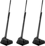 3 Pack Large Commercial Broom and Dustpan Combo, Lobby Heavy Duty Dust Pan Sweep Set for Outdoor Garages Courtyard Sidewalks Decks Indoor Home Kitchen Room Office (3 Pack, Black Broom+Dustpan)