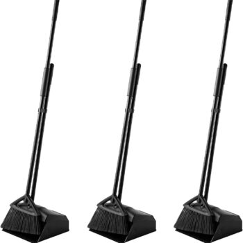 3 Pack Large Commercial Broom and Dustpan Combo, Lobby Heavy Duty Dust Pan Sweep Set for Outdoor Garages Courtyard Sidewalks Decks Indoor Home Kitchen Room Office (3 Pack, Black Broom+Dustpan)