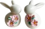 Set of Mini Ceramic Rabbit Figurines, Porcelain Easter Bunny Decorations for Home, Tabletop Ornament, Tea Ceremony Pet (2-Flower)