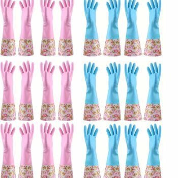 Rubber Cleaning Gloves, 12 Pairs Household Kitchen Dishwashing Gloves, Non-Slip Reusable Cleaning Gloves with Long Cuff and Flock Lining for Washing Dishes and Cleaning Supplies(Medium)