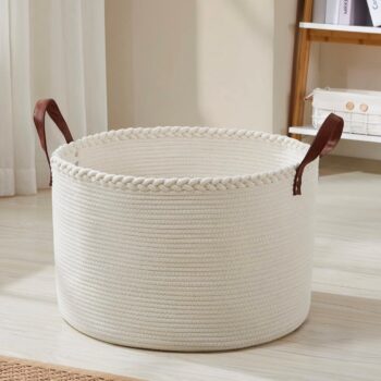 Cotton Rope Storage Basket - Laundry Basket with Leather Handle