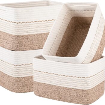 Brown and White Cotton Rope Storage Basket