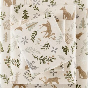 100% Flannel Sheets Full Size, Cozy Flannel Sheet Set Brushed for Extra Softness, Heavyweight Novelty Print Warm Flannel Bedding Set, Tan Woodland Winter 4 Piece