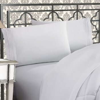 Luxurious 1500 Premium Hotel Quality Microfiber Three Line Embroidered Softest 4-Piece Bed Sheet Set, Wrinkle and Fade Resistant, Queen, White